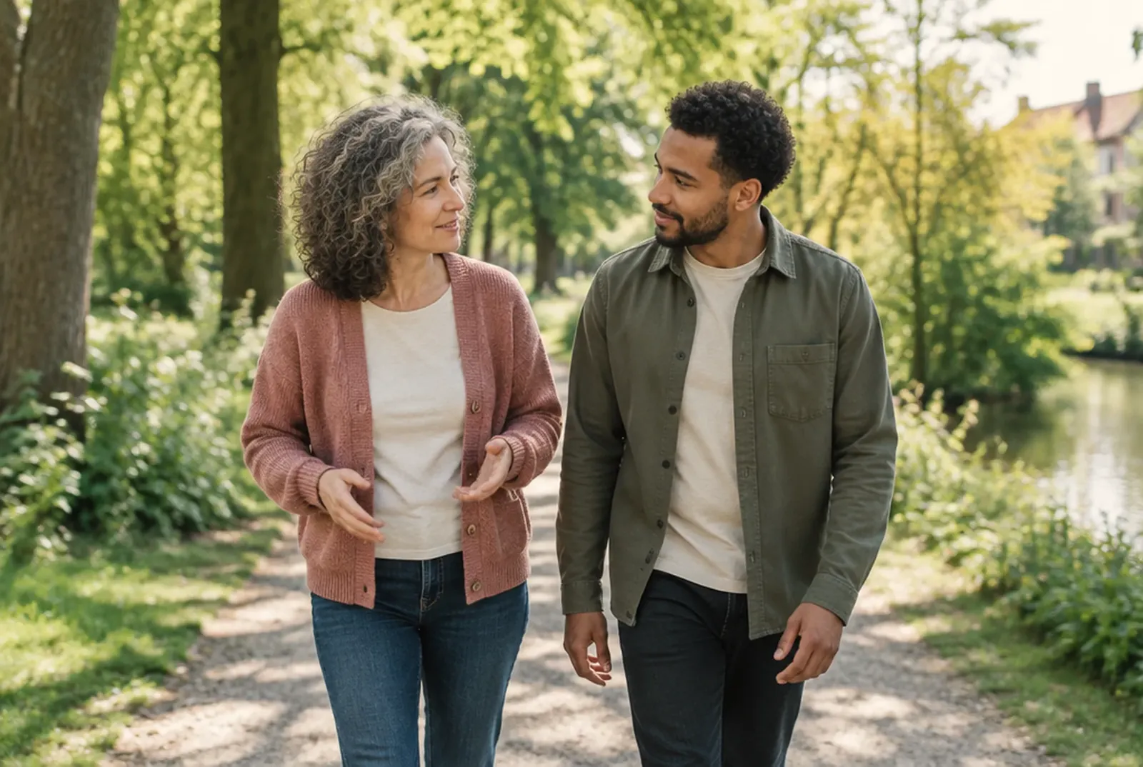 Een vrouw en een man wandelen samen in het park